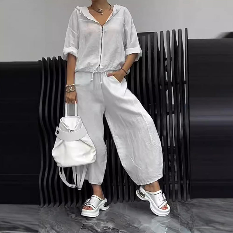 🎁 Muttertag – 50 % OFF – 2-teiliges Set aus lässigem Damen-Oberteil mit V-Ausschnitt und Hose mit hoher Taille