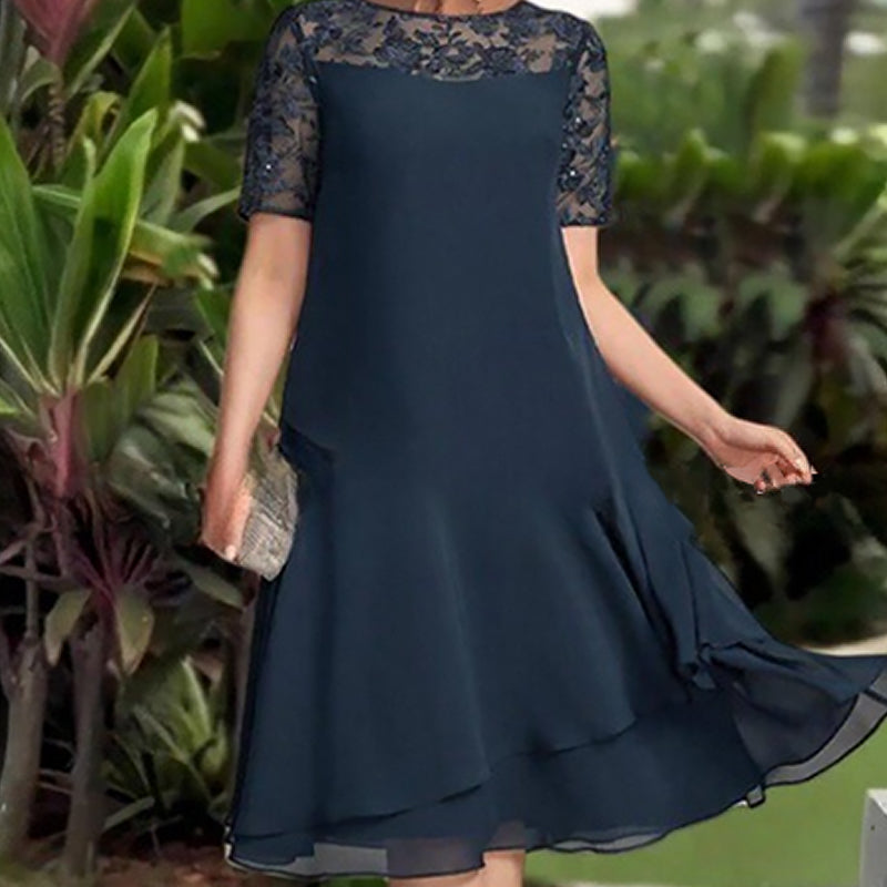 Sarah | elegantes A-Linien-Midikleid, mehrlagiges Mesh-Design.