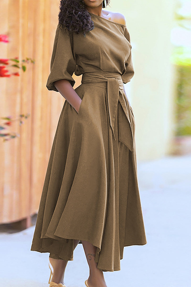 Zelanise | Hochwertiges Kleid mit schrägem Ausschnitt und Bindegürtel