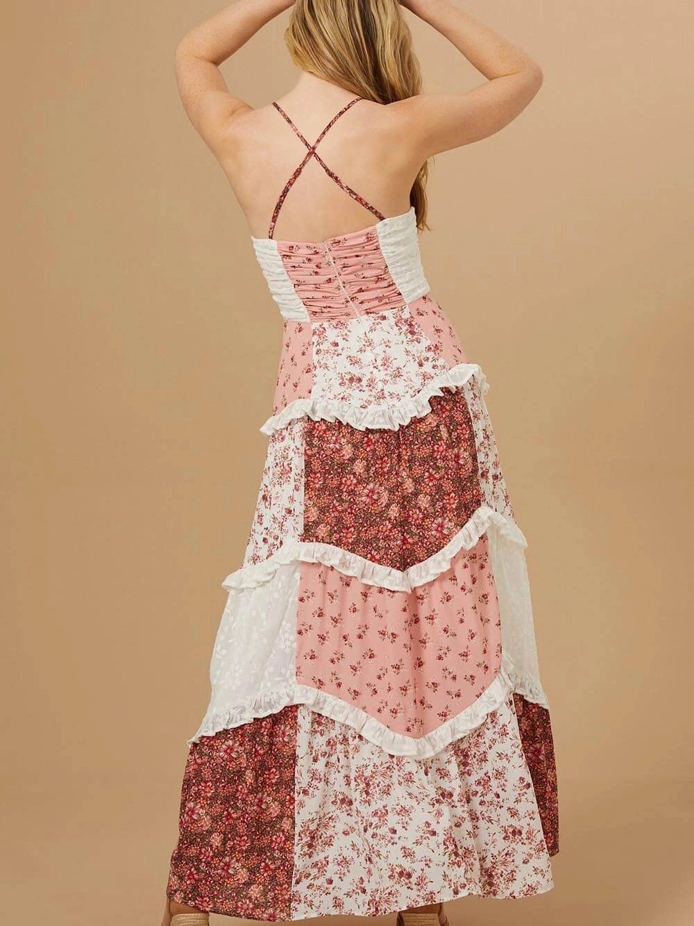 Karola | Elegantes Maxikleid mit Patchwork und Blumendruck