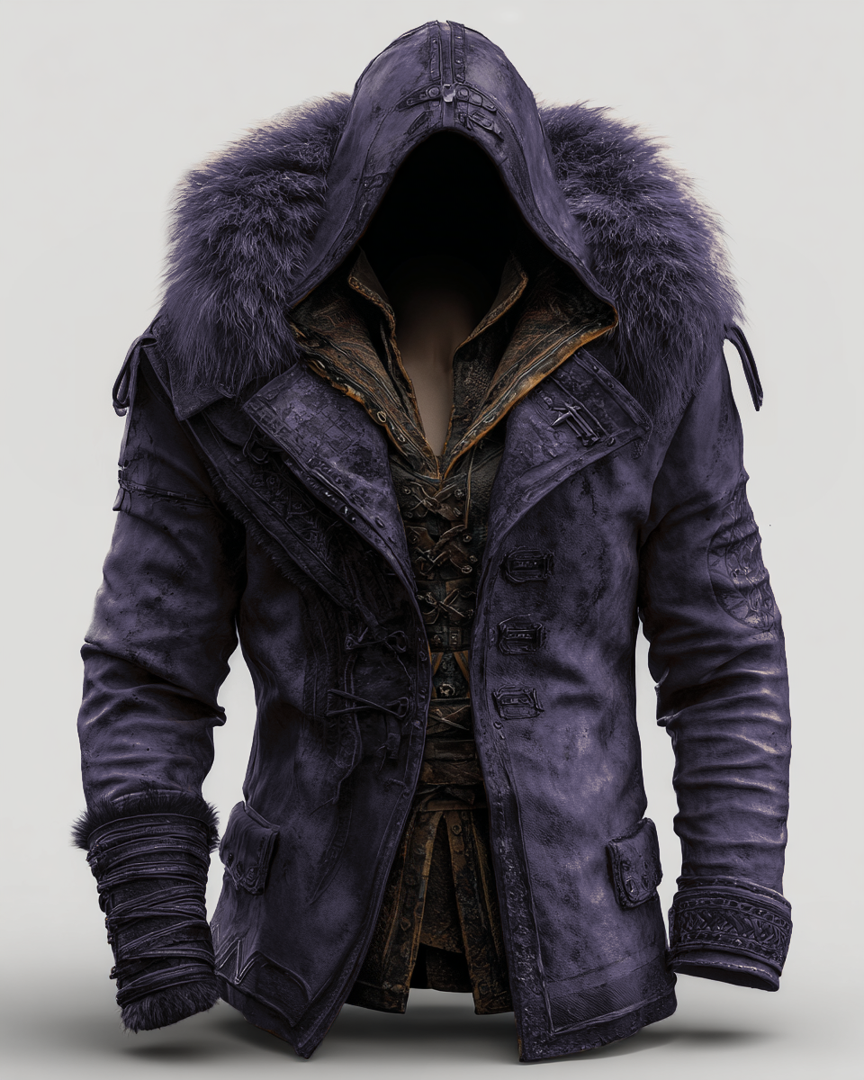 Fiolo | Vintage Lederjacke mit Winterfell und Kapuze