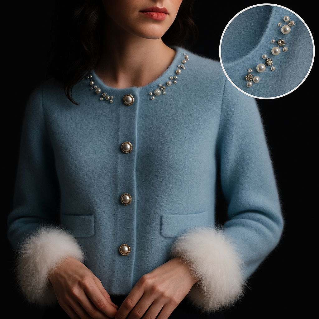 Angeliza | Elegante Perlen-Cardigan mit Fellabschlüssen