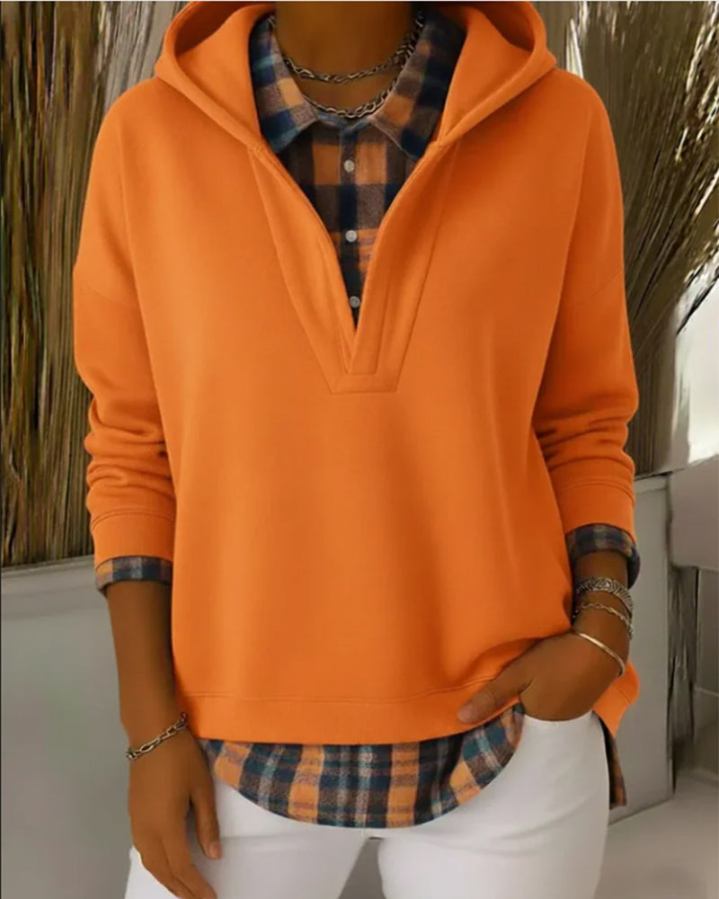 Parla | Hoodie mit Kariertem Patchwork und Hemd-Saum