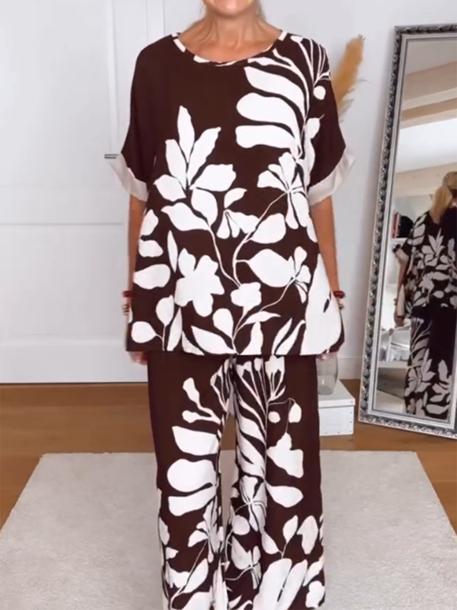Kit | luxuriöser Damenanzug aus Leinen mit Blumenmuster in warmem Braun