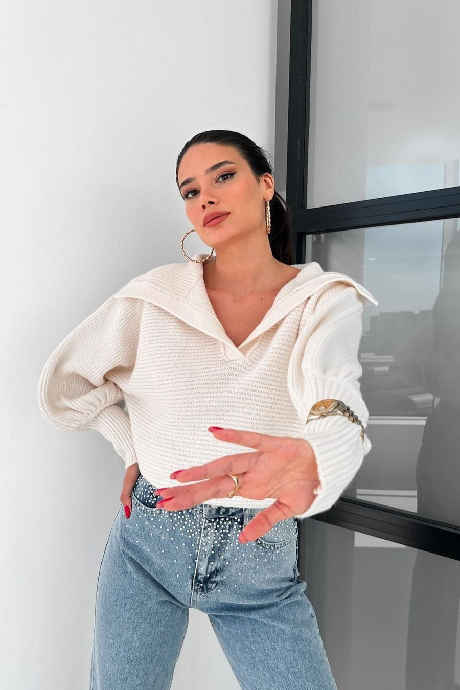 Clarybel | Kuscheliger Pullover mit offenem Kragen und Strukturstrick