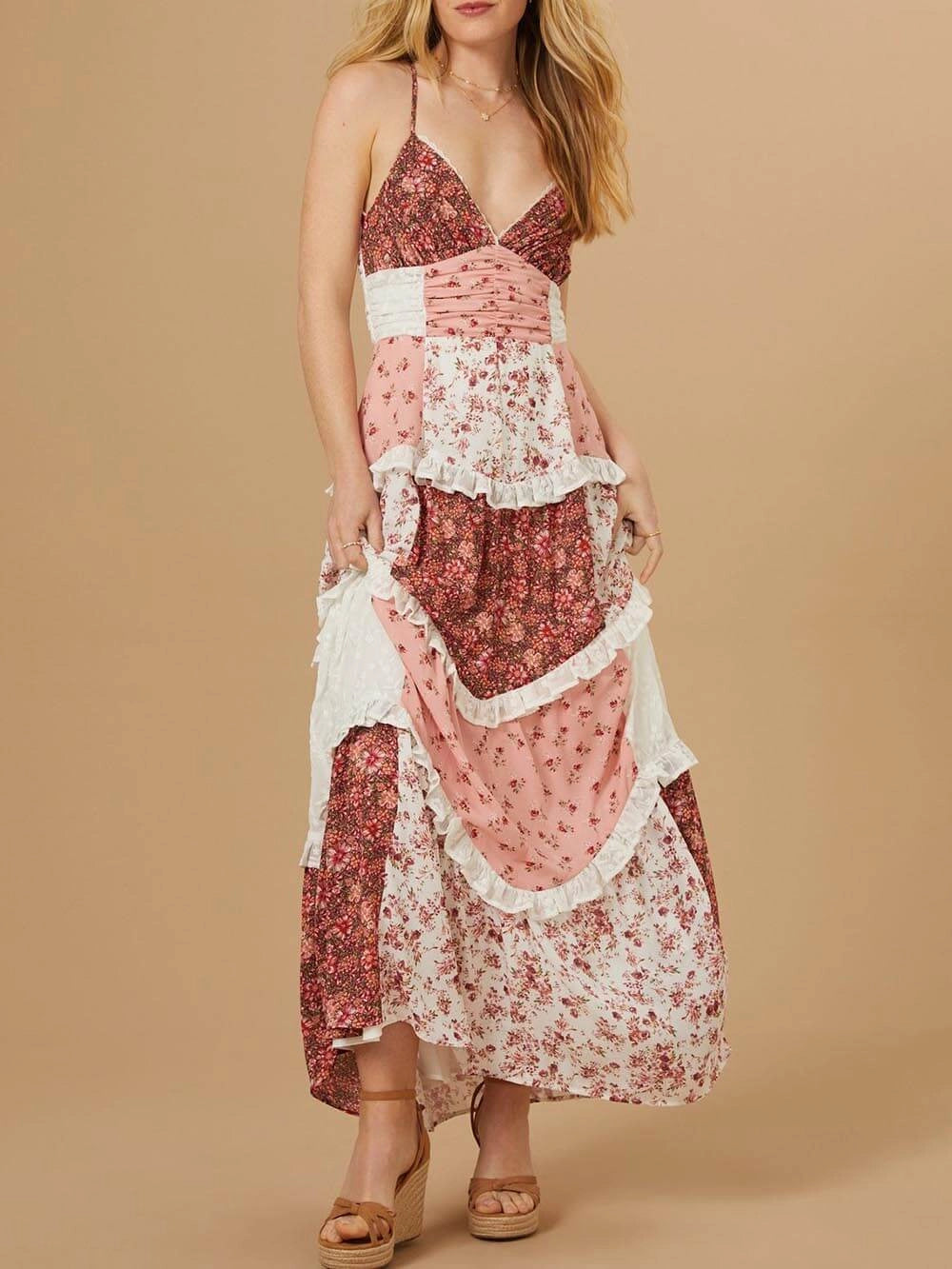 Karola | Elegantes Maxikleid mit Patchwork und Blumendruck