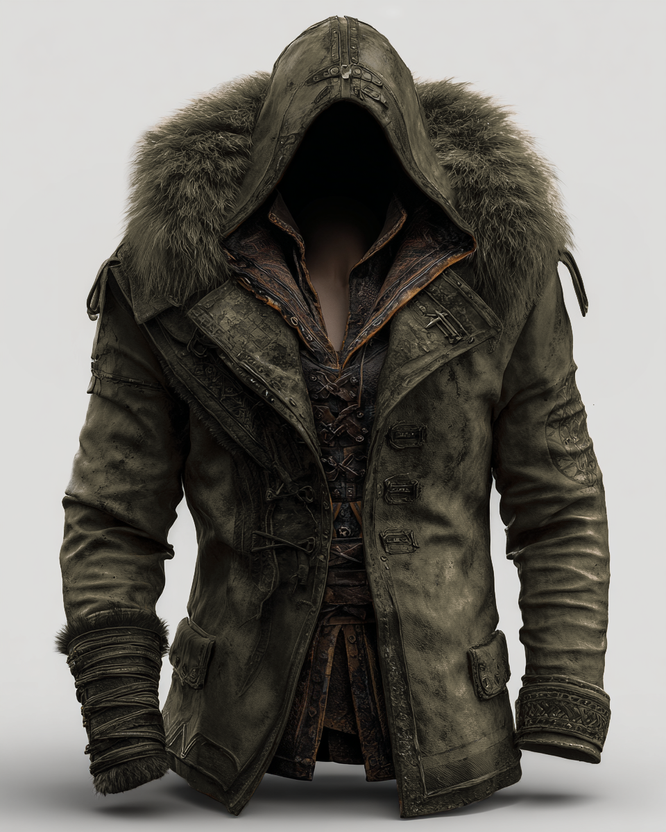 Fiolo | Vintage Lederjacke mit Winterfell und Kapuze