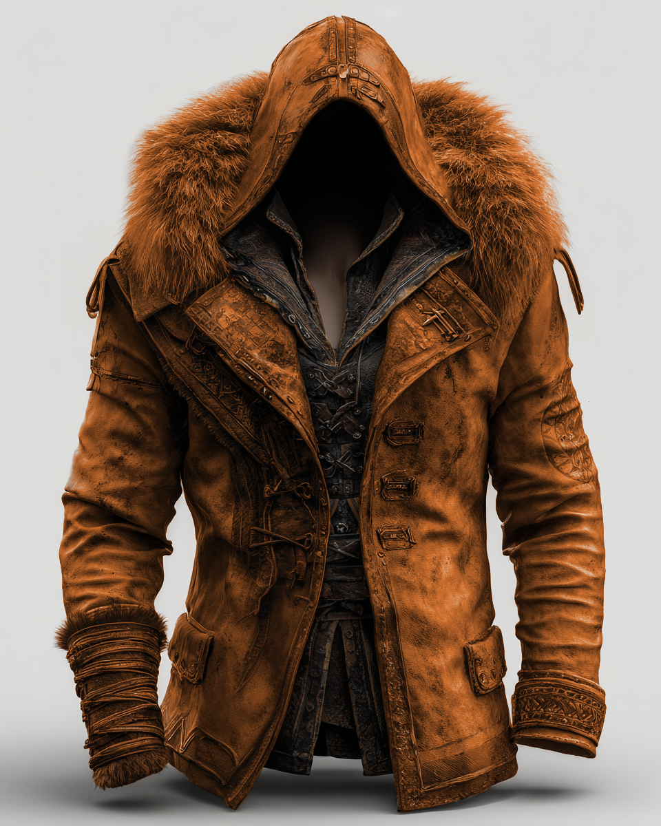 Fiolo | Vintage Lederjacke mit Winterfell und Kapuze