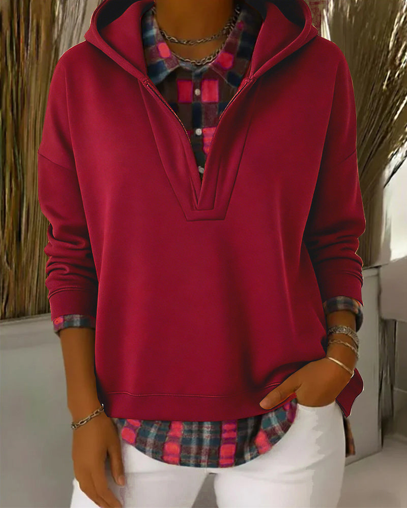 Parla | Hoodie mit Kariertem Patchwork und Hemd-Saum