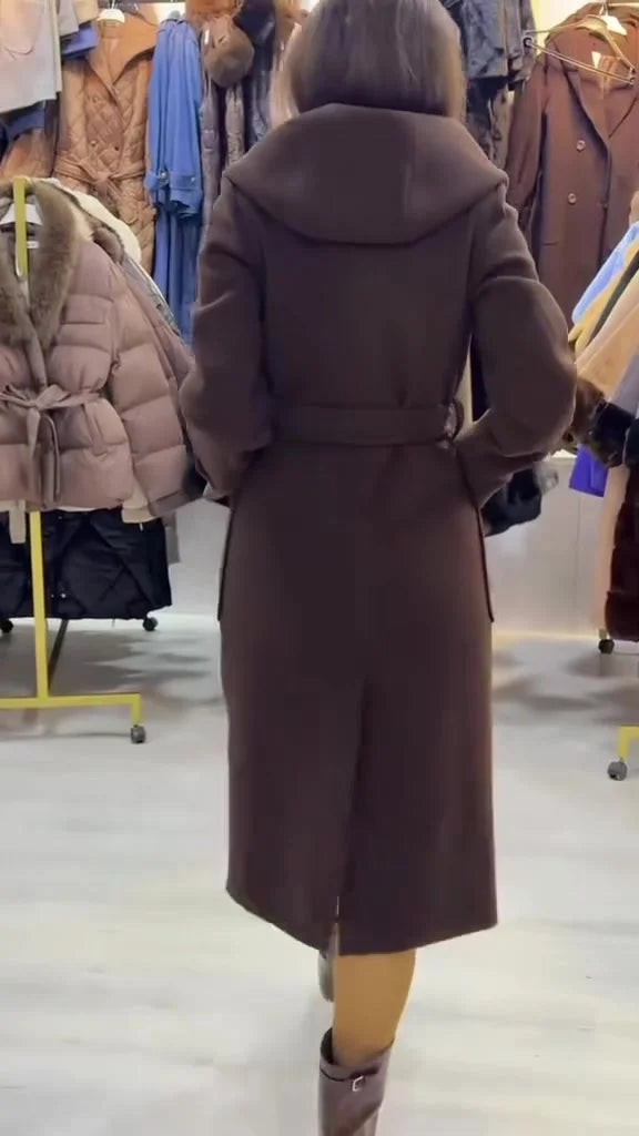 Leandra | Stilvoller, mittellanger Mantel mit Kapuze