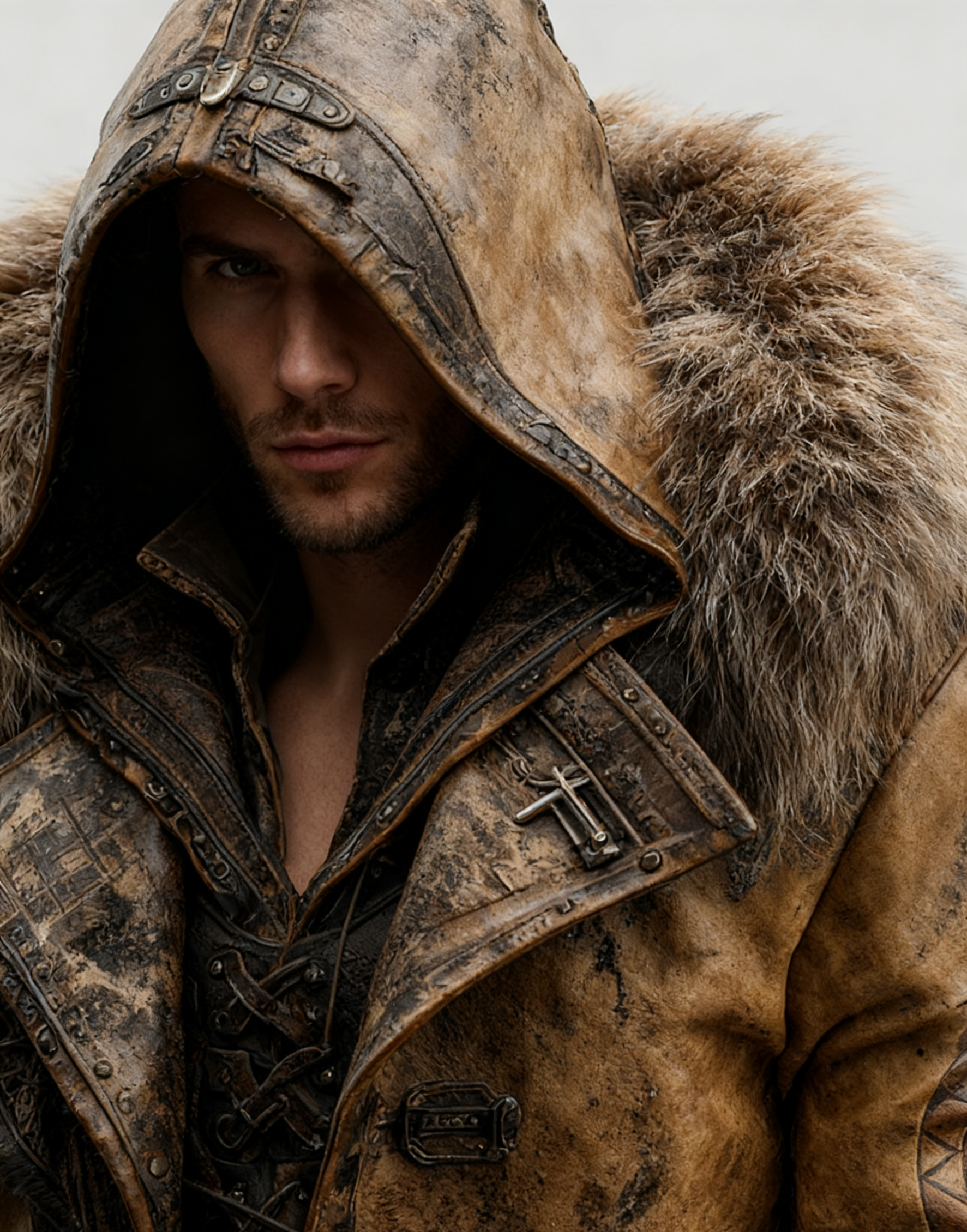 Fiolo | Vintage Lederjacke mit Winterfell und Kapuze