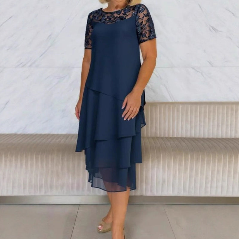 Sarah | elegantes A-Linien-Midikleid, mehrlagiges Mesh-Design.