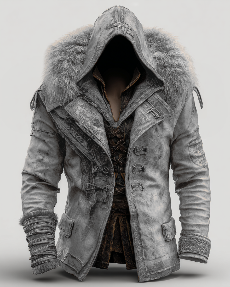 Fiolo | Vintage Lederjacke mit Winterfell und Kapuze