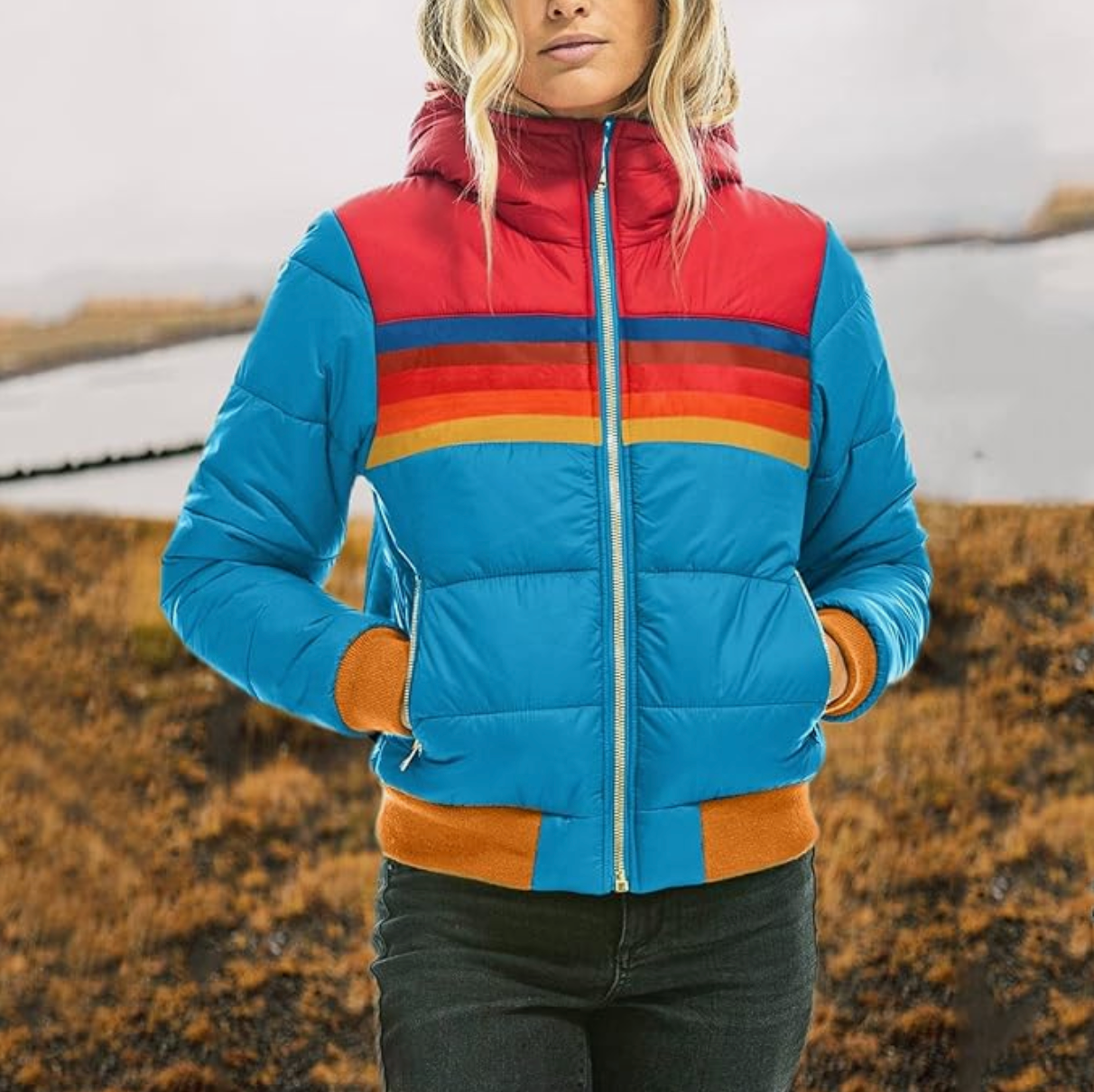 Rosy | Retro Parka mit Kunstfellkapuze für Damen - Blau / XS