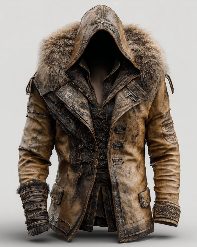 Fiolo | Vintage Lederjacke mit Winterfell und Kapuze