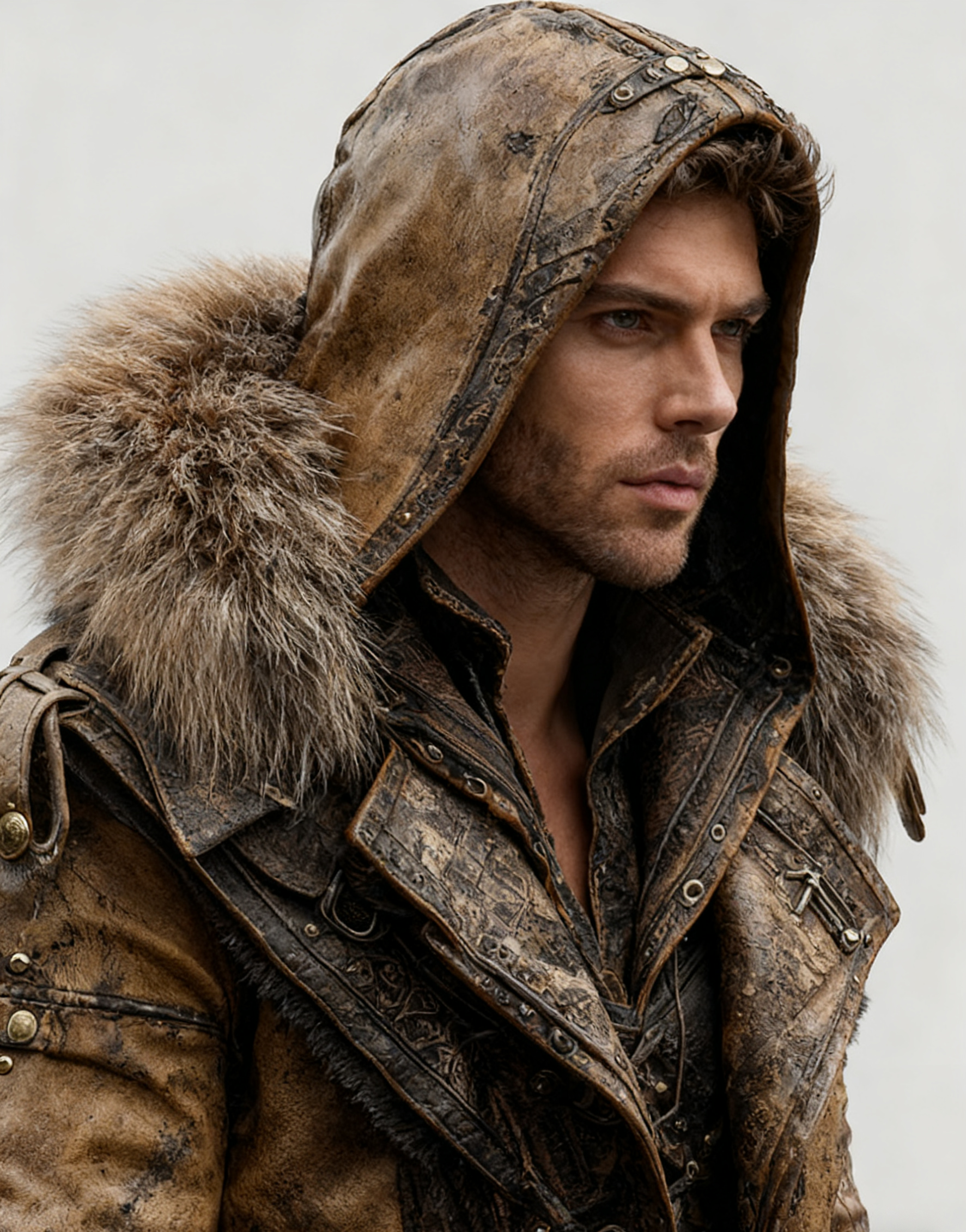 Fiolo | Vintage Lederjacke mit Winterfell und Kapuze