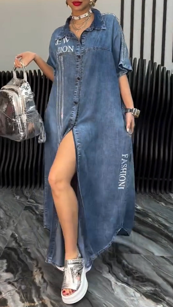 Rosia | Lässiges Maxi-Hemdkleid aus Denim mit Textdetails