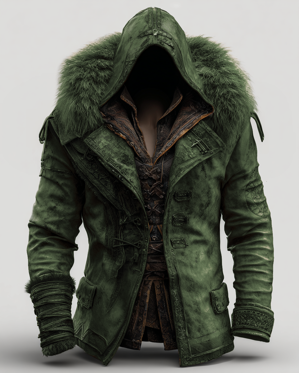 Fiolo | Vintage Lederjacke mit Winterfell und Kapuze