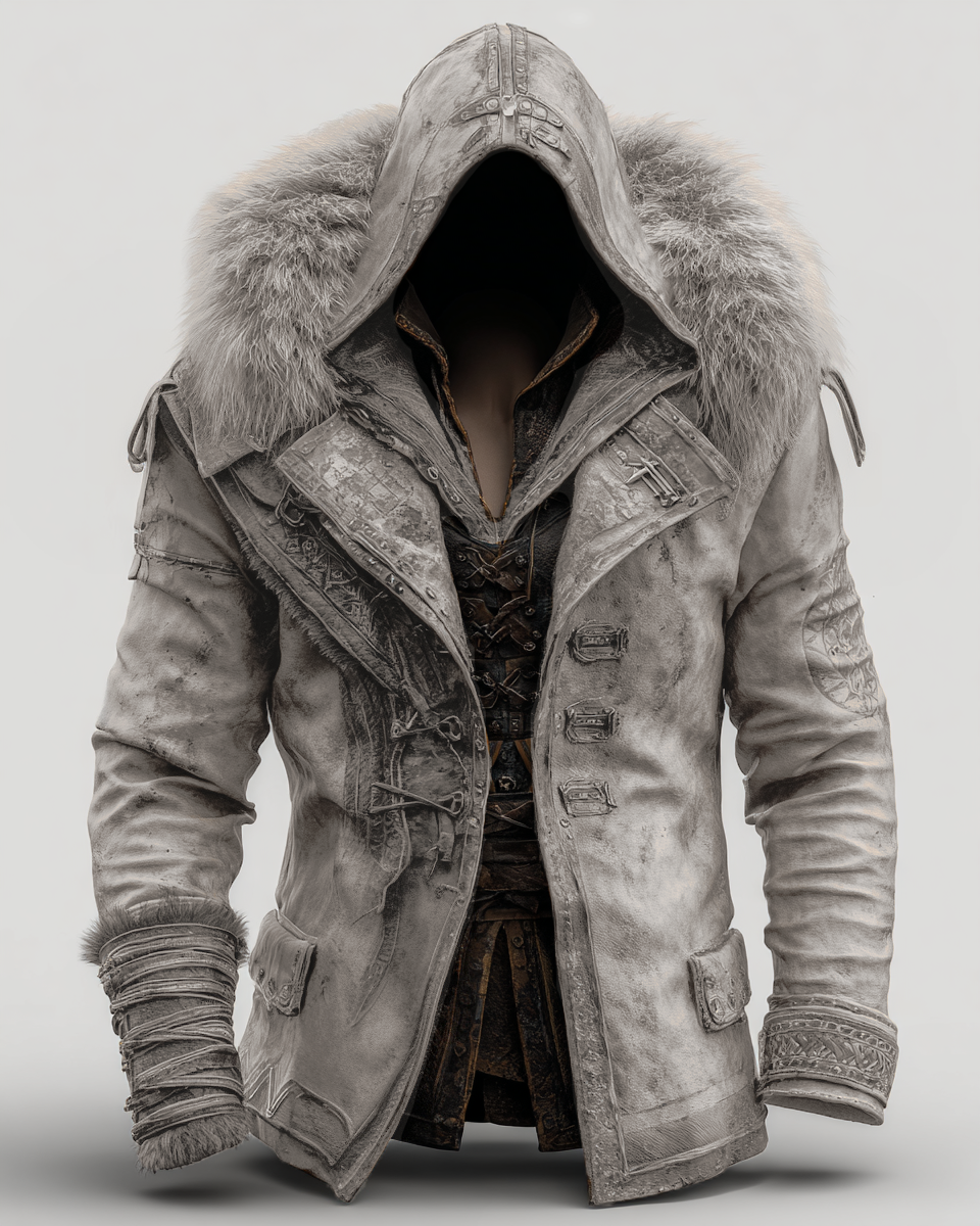 Fiolo | Vintage Lederjacke mit Winterfell und Kapuze