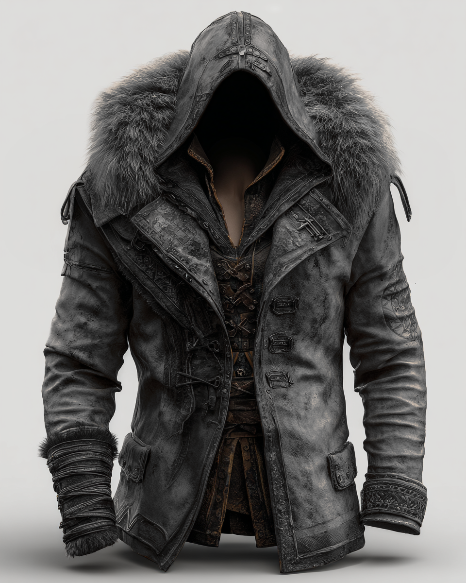 Fiolo | Vintage Lederjacke mit Winterfell und Kapuze