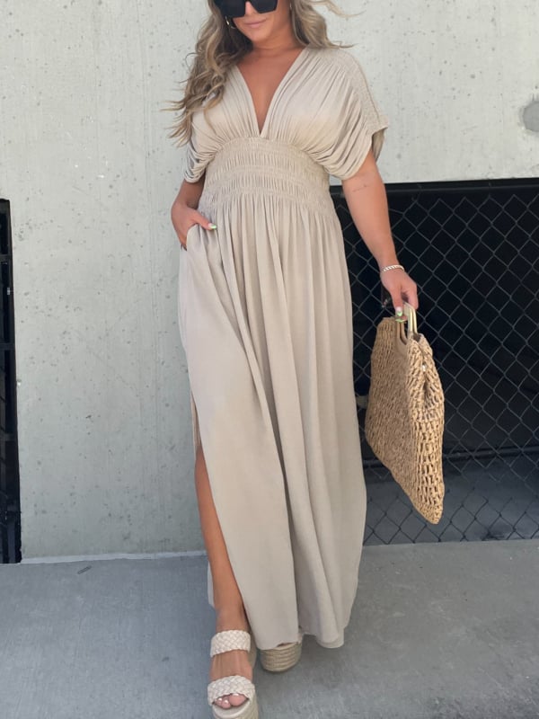 Tessa | Elegantes langes Freizeitkleid mit V-Ausschnitt und Schlitz