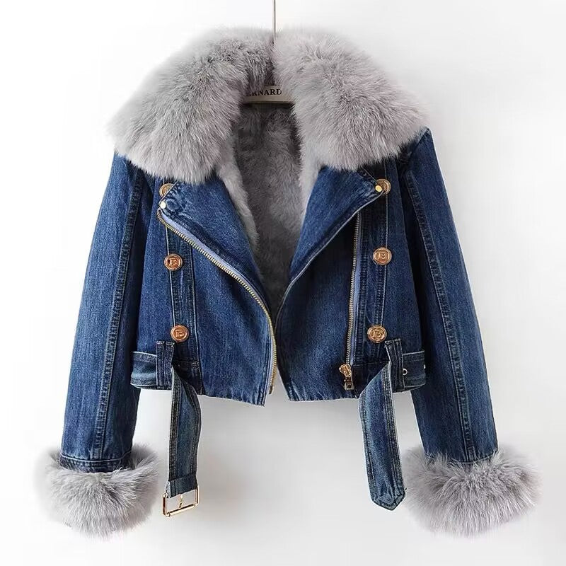 Veronica | Denim-Motojacke mit Kunstpelz