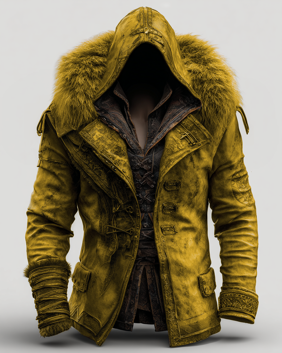 Fiolo | Vintage Lederjacke mit Winterfell und Kapuze