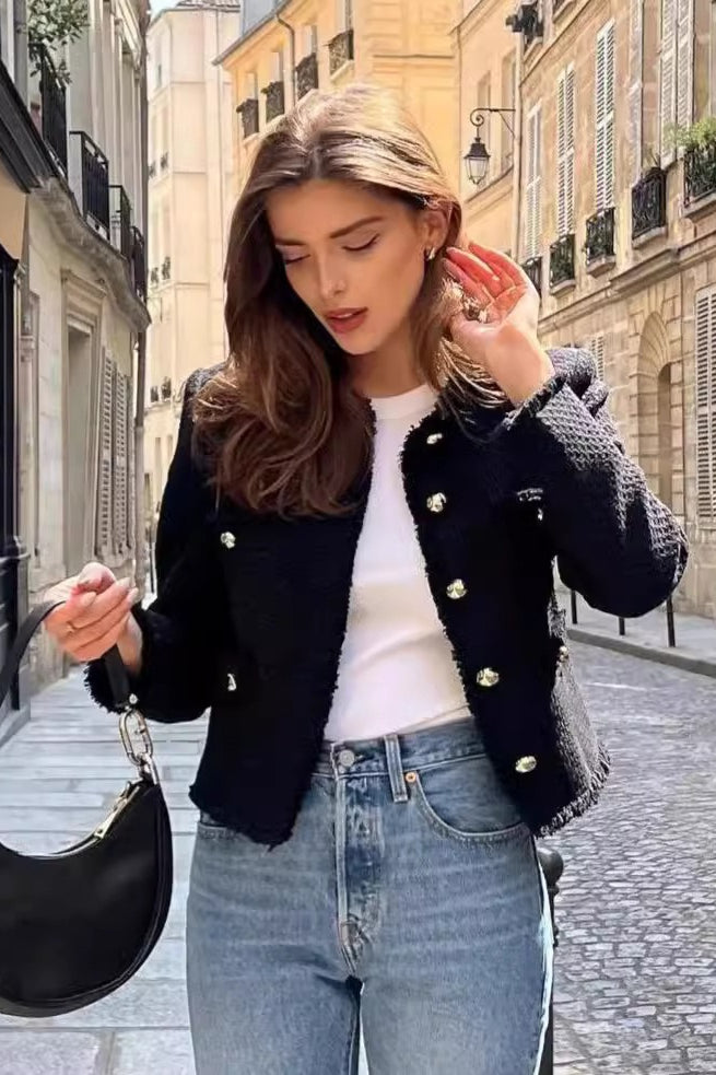 Clarila | Kurze Bouclé-Jacke mit Kristallknöpfen