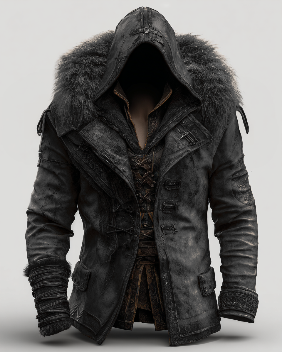 Fiolo | Vintage Lederjacke mit Winterfell und Kapuze