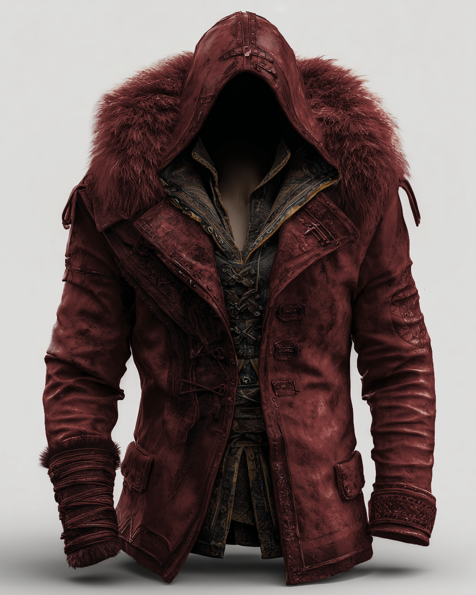 Fiolo | Vintage Lederjacke mit Winterfell und Kapuze