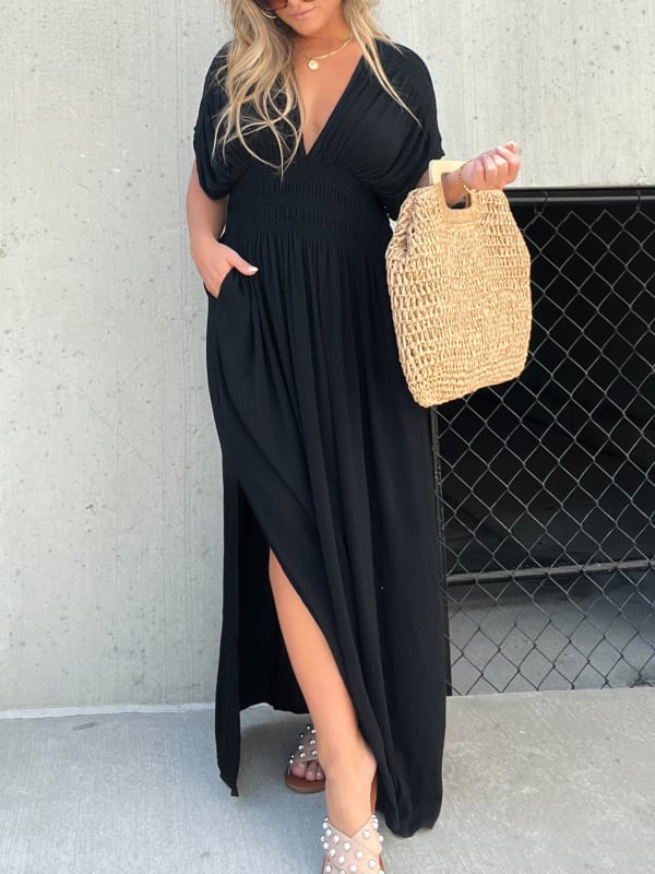 Tessa | Elegantes langes Freizeitkleid mit V-Ausschnitt und Schlitz