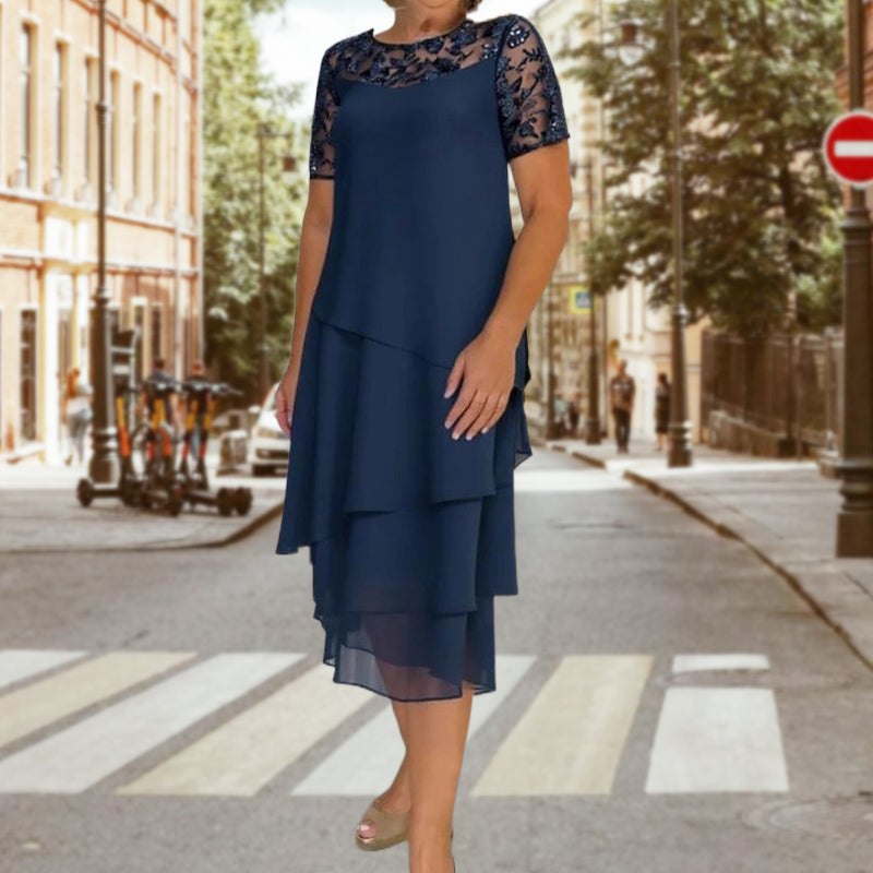 Sarah | elegantes A-Linien-Midikleid, mehrlagiges Mesh-Design.