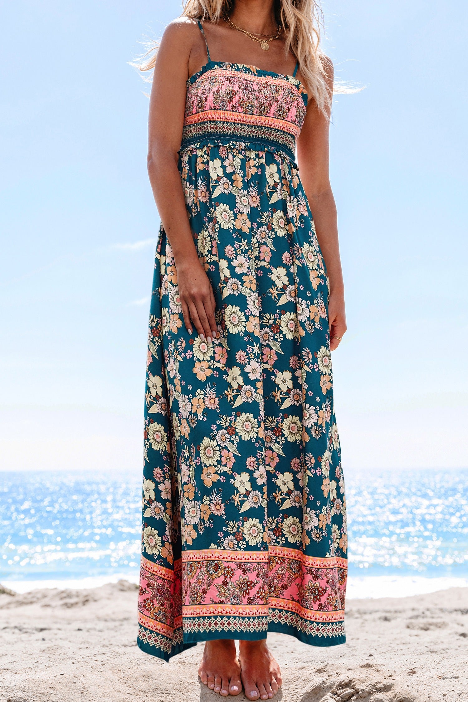 Tina | Stilvolles blumiges Maxikleid mit femininer Smokarbeit
