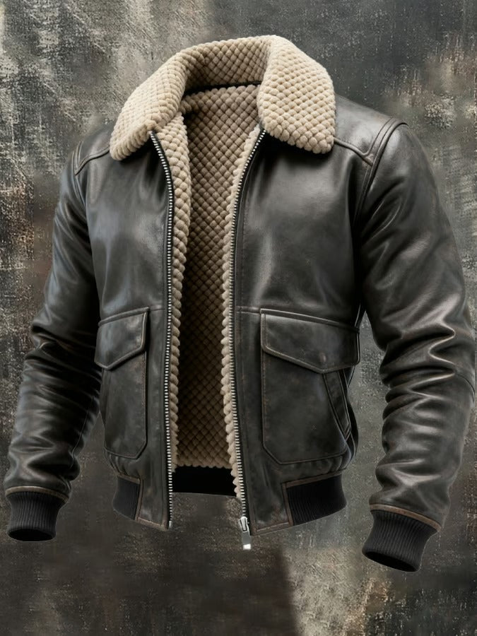 Omel | Retro-Jacke aus geöltem Leder mit Fleece und Taschen