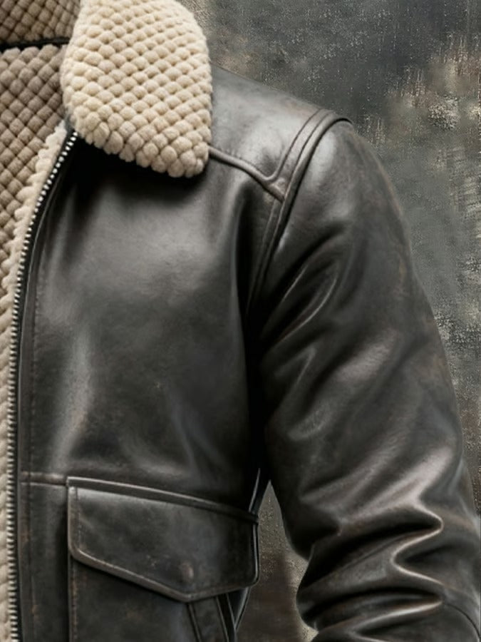 Omel | Retro-Jacke aus geöltem Leder mit Fleece und Taschen