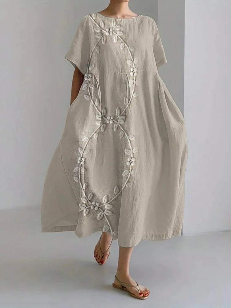 Aisa | Elegantes langes Kleid aus Leinenmischung mit Rankenstickerei