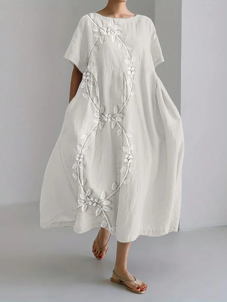 Aisa | Elegantes langes Kleid aus Leinenmischung mit Rankenstickerei