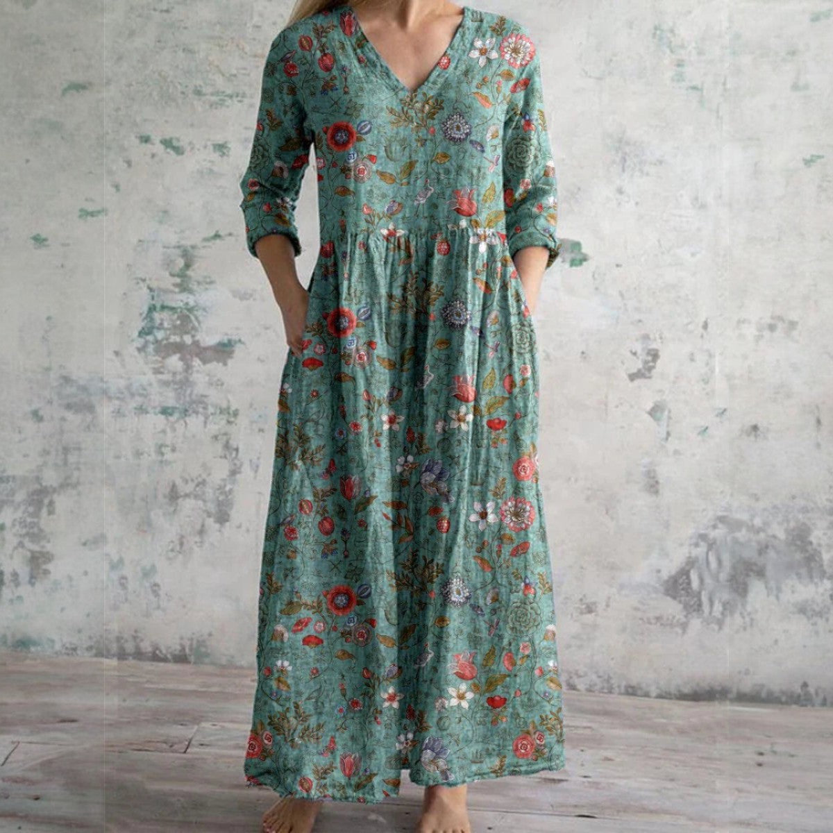 Olia | Florales Maxikleid aus Baumwolle und Leinen mit 3/4-Ärmeln