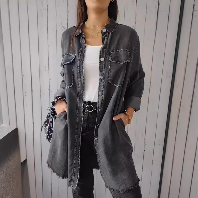 Celine™ | Bequeme Damenjacke im Faux-Denim-Stil - Damenbekleidung - Dunkelgrau / S