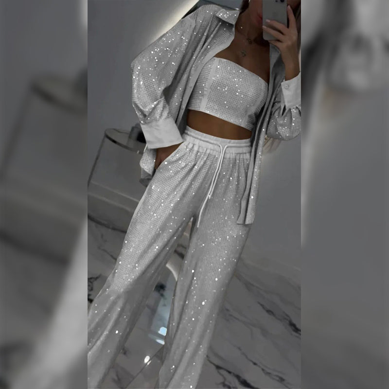 Tyline | Glitter Blazer mit Pailletten und weiten Hosen (3-teiliges Set)