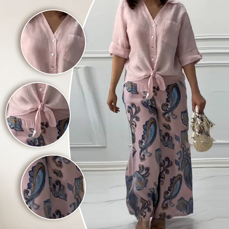 Damara | Stilvolles Zweiteiliges Set: Lockeres Cardigan-Shirt und High-Waist-Hose