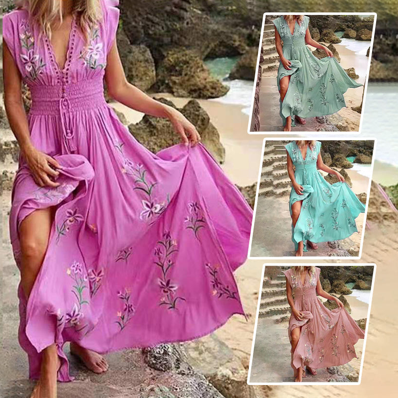Ivory | Ärmelloses, mit Blumen besticktes Maxikleid mit Schlitz