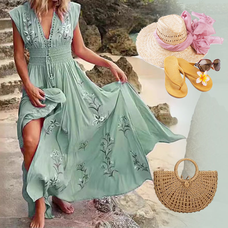Ivory | Ärmelloses, mit Blumen besticktes Maxikleid mit Schlitz