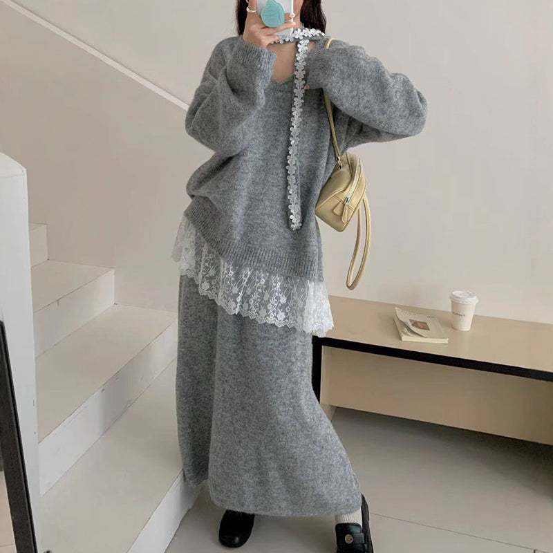 Haina | Elegantes Strickkleid Set mit Rock und Spitze