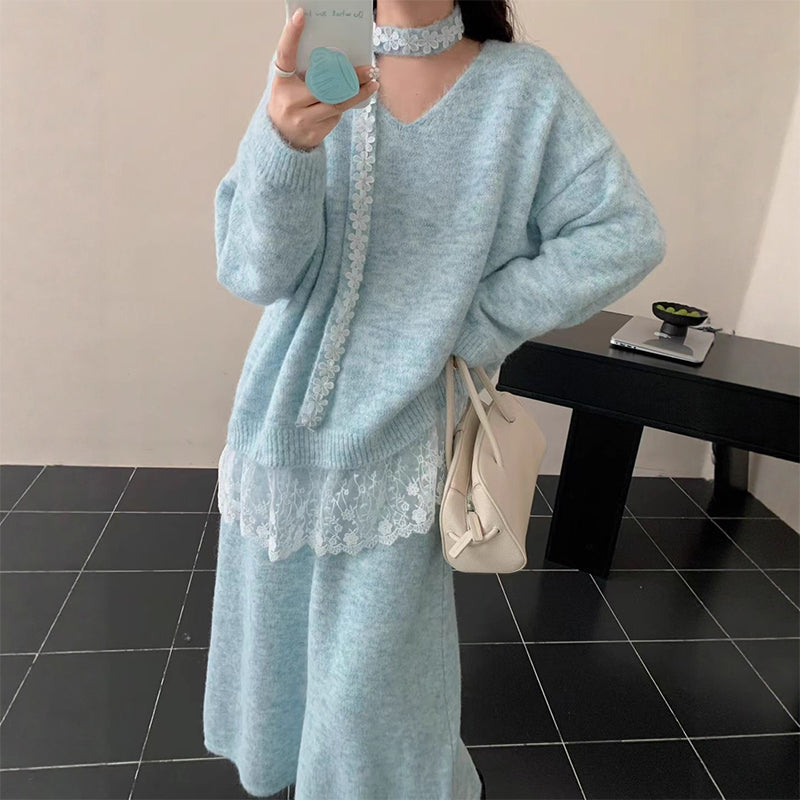 Haina | Elegantes Strickkleid Set mit Rock und Spitze