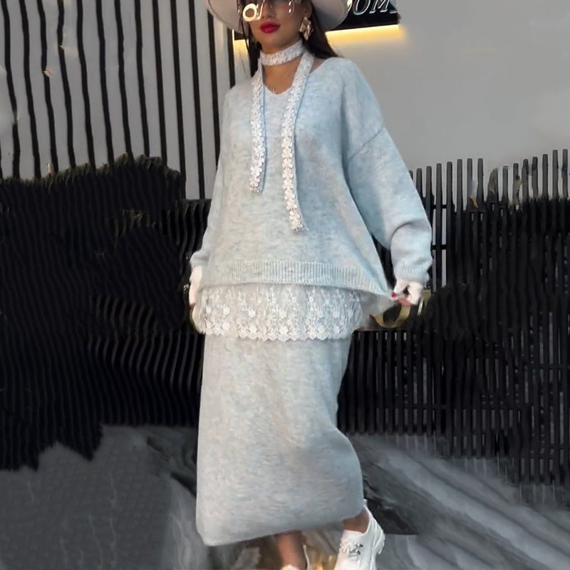 Haina | Elegantes Strickkleid Set mit Rock und Spitze