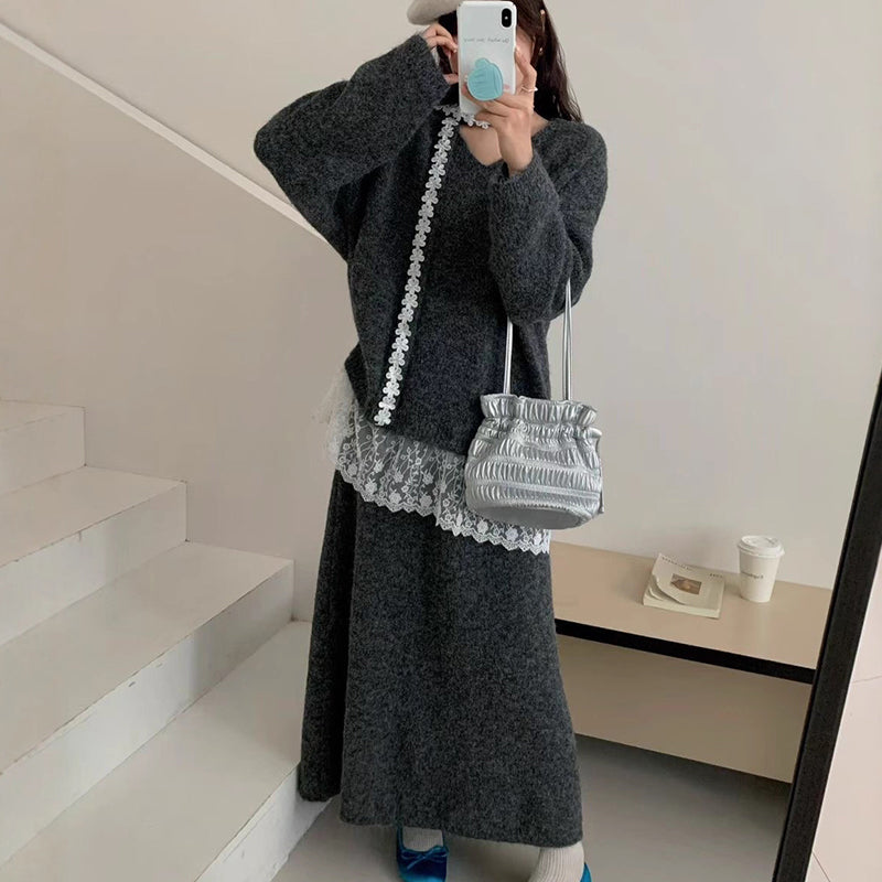 Haina | Elegantes Strickkleid Set mit Rock und Spitze