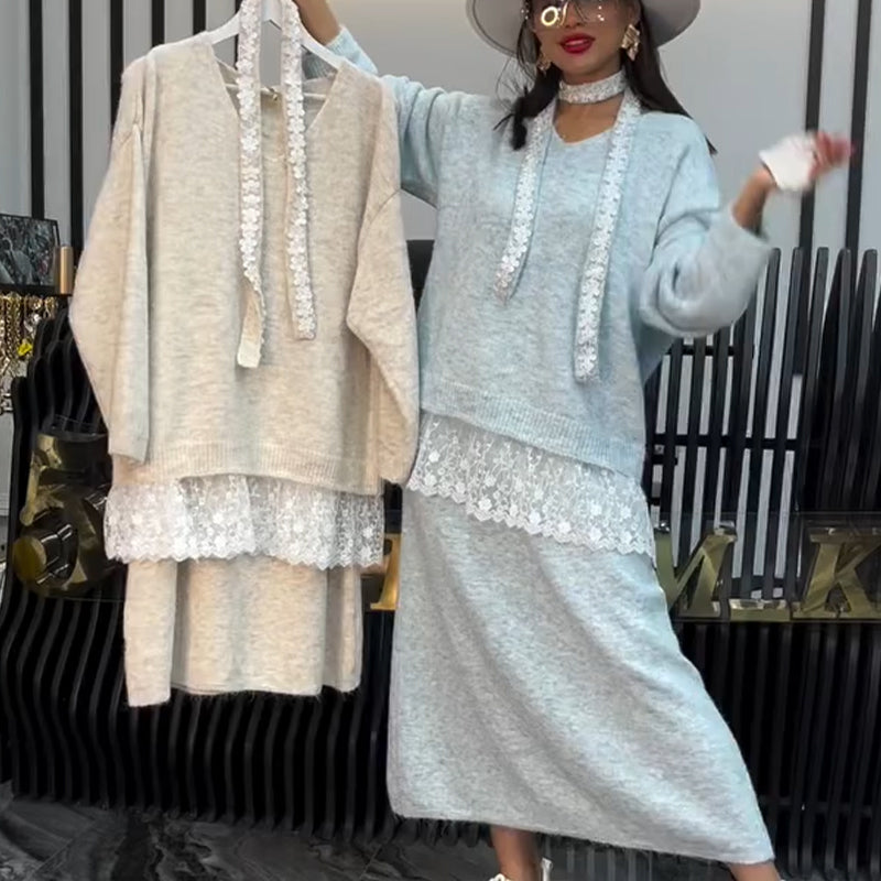 Haina | Elegantes Strickkleid Set mit Rock und Spitze