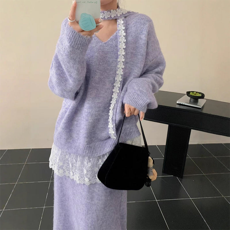 Haina | Elegantes Strickkleid Set mit Rock und Spitze