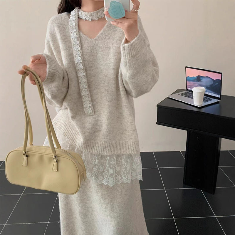 Haina | Elegantes Strickkleid Set mit Rock und Spitze